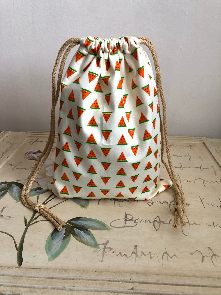 Small Drawstring bag in a beautiful watermelon design.