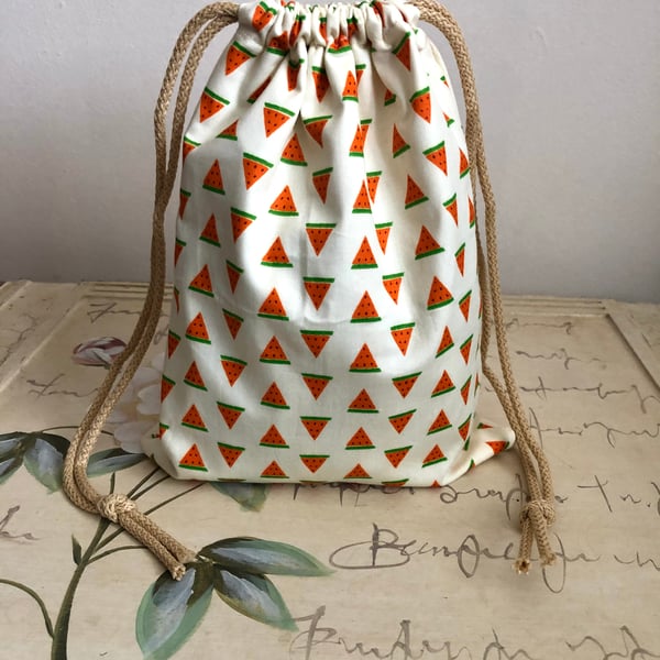 Small Drawstring bag in a beautiful watermelon design.