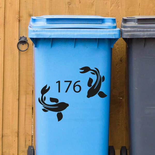 Koi Fish Wheelie Bin House Number Personalised Bin Sticker Dustbin Number Pet