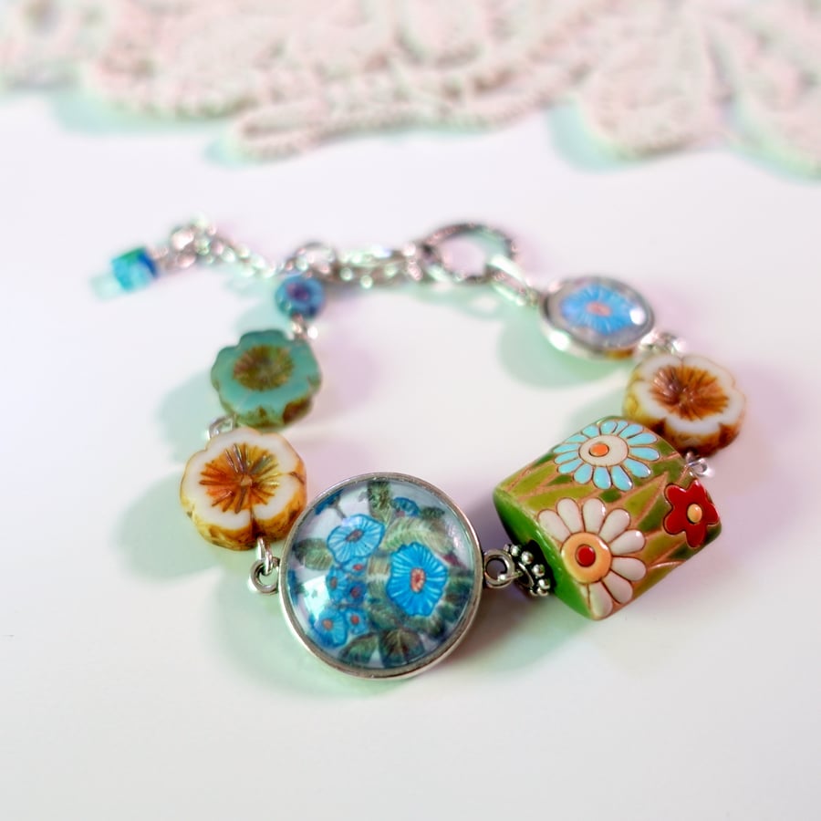 Flower Bracelet with Art Connectors, Arty Jewellery, Gift for Gardener