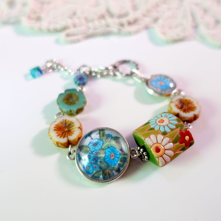 Flower Bracelet with Art Connectors, Arty Jewellery, Gift for Gardener