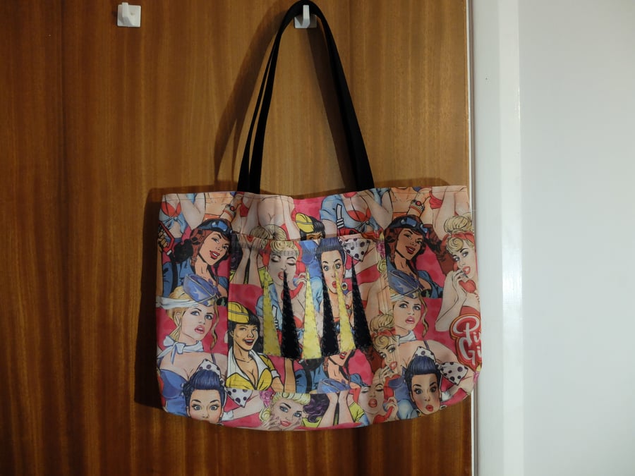 Backgammon themed tote bag in Pinup girls fabric