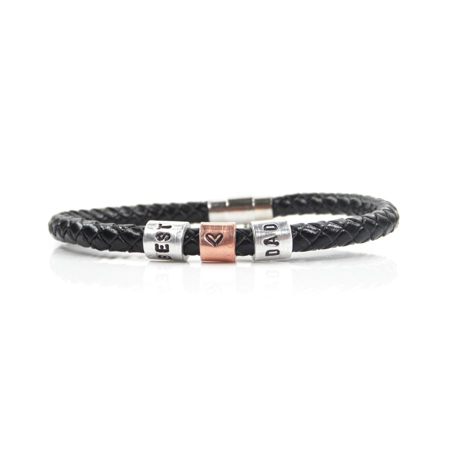 Best Dad Leather Bracelet with Hand Stamped Rings - Free Delivery