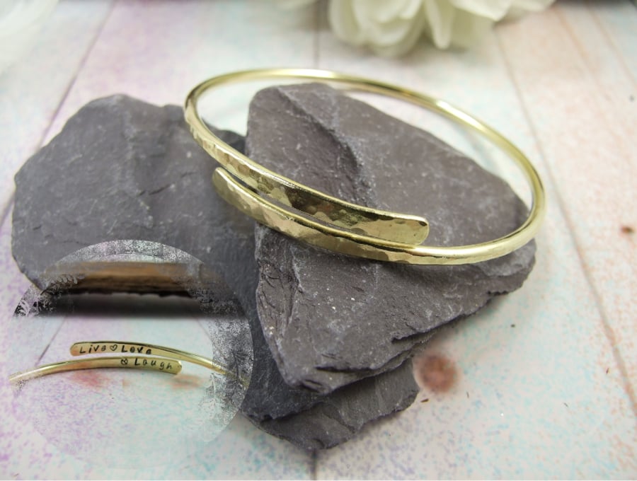 Brass Bangle, Hidden Message. Live, Love Laugh, Hammered Brass Bracelet
