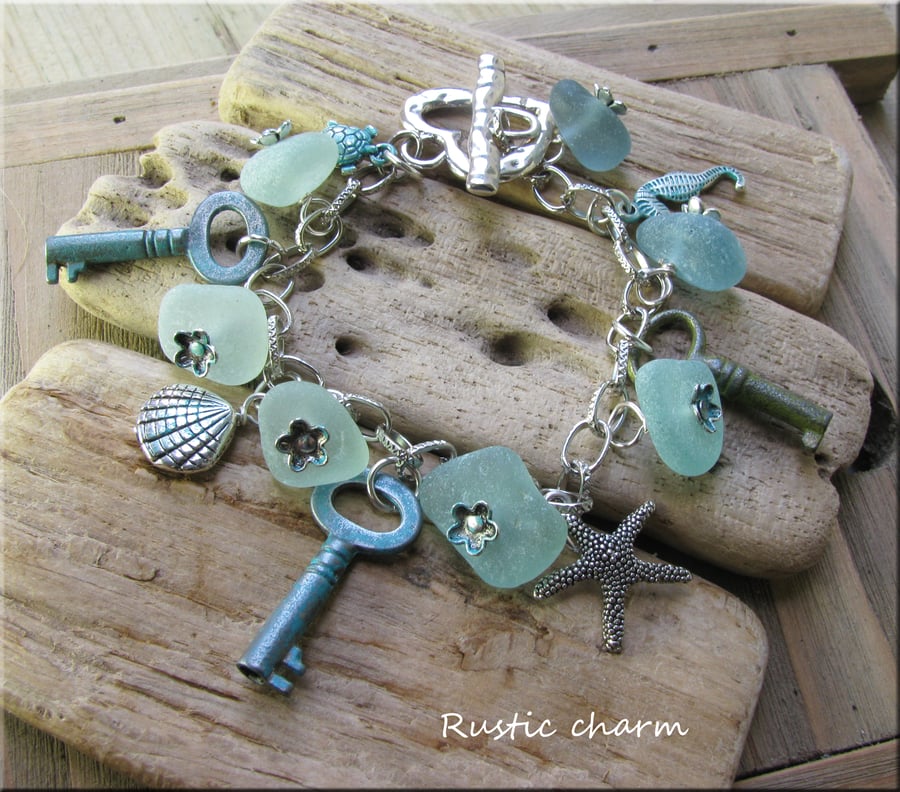 Sea glass, sea charms bracelet 