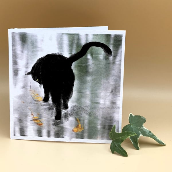 'Good luck Card' Black cat walking on thin ice with goldfish just out of reach. 