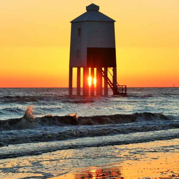 Photo card of Burnham-on-Sea Low Lighthouse at Sunset.