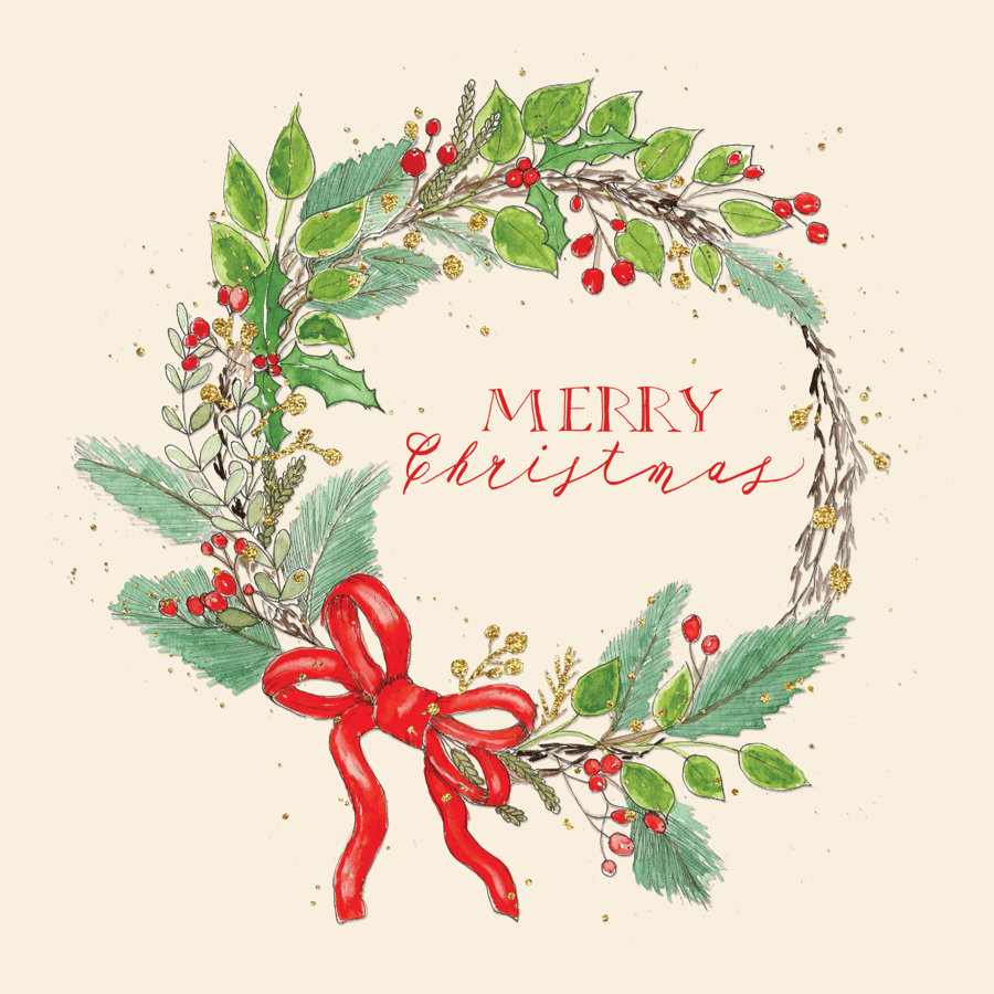 Set of x4 Hand-Illustrated 'Festive Wreath' Eco-friendly Christmas Cards