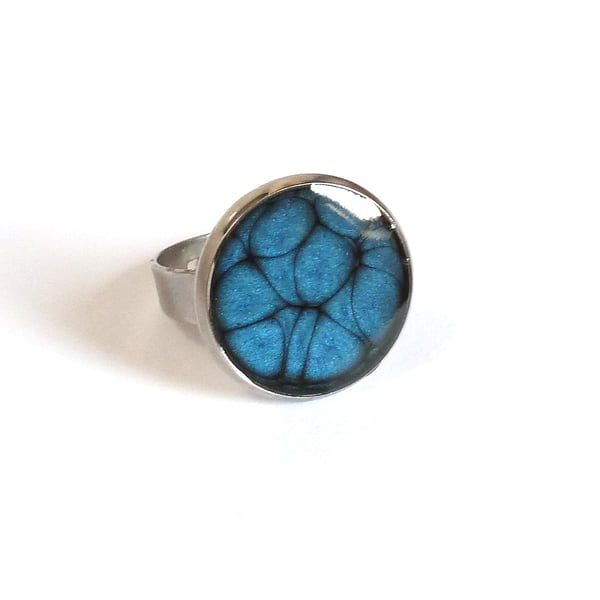 Blue resin and Stainless Steel adjustable ring for women, bright and colourful