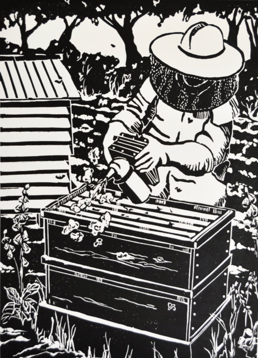 The Beekeeper - Handmade - Limited Edition Lino Print.