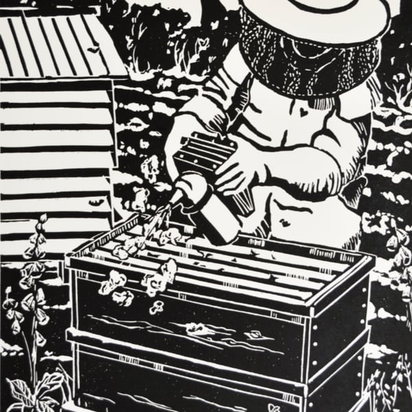 The Beekeeper - Handmade - Limited Edition Lino Print.