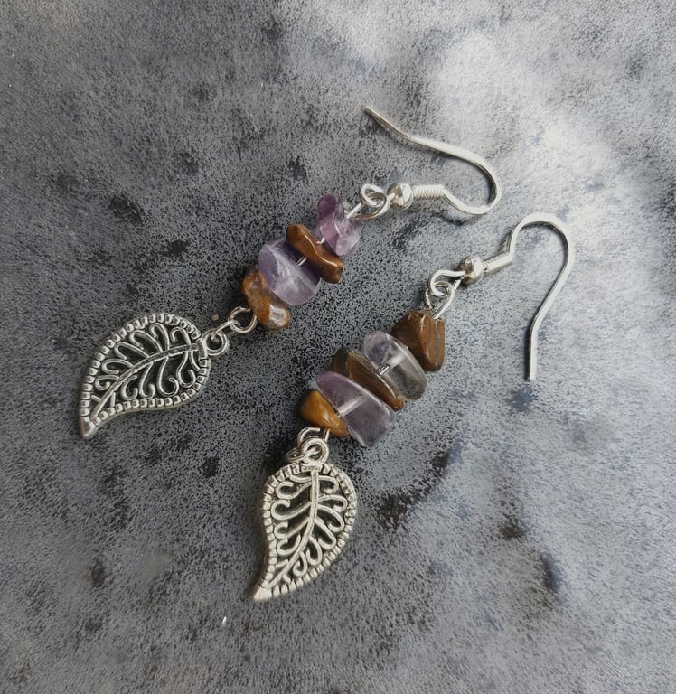 Leaf charm dangle earrings with amethyst and tiger's eye gemstone chips.