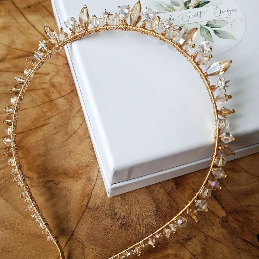 Bridal crystal gold beaded headband