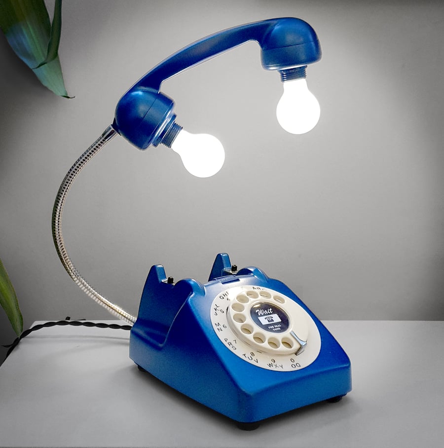 Upcycled Retro Vintage 1960s Rotary Telephone Lamp Metallic Blue