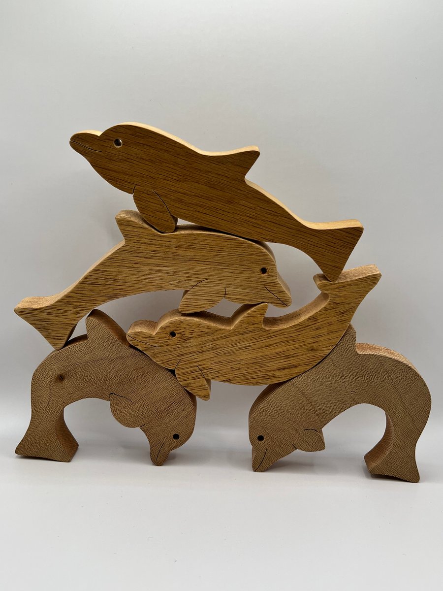 Handcrafted Wooden Stacking Dolphins, Set of 5
