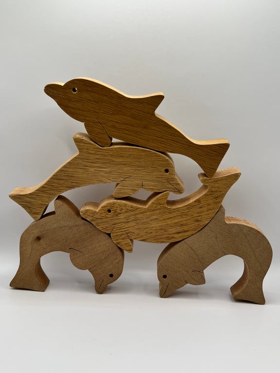 Handcrafted Wooden Stacking Dolphins, Set of 5