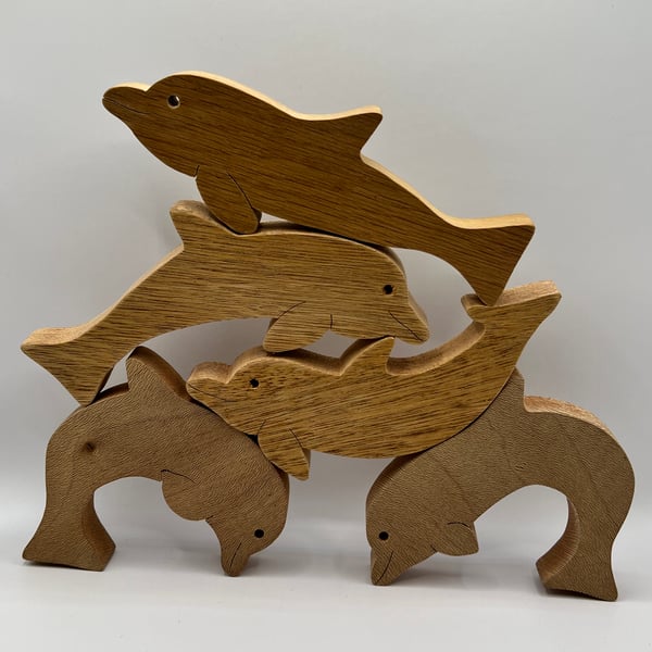 Handcrafted Wooden Stacking Dolphins, Set of 5