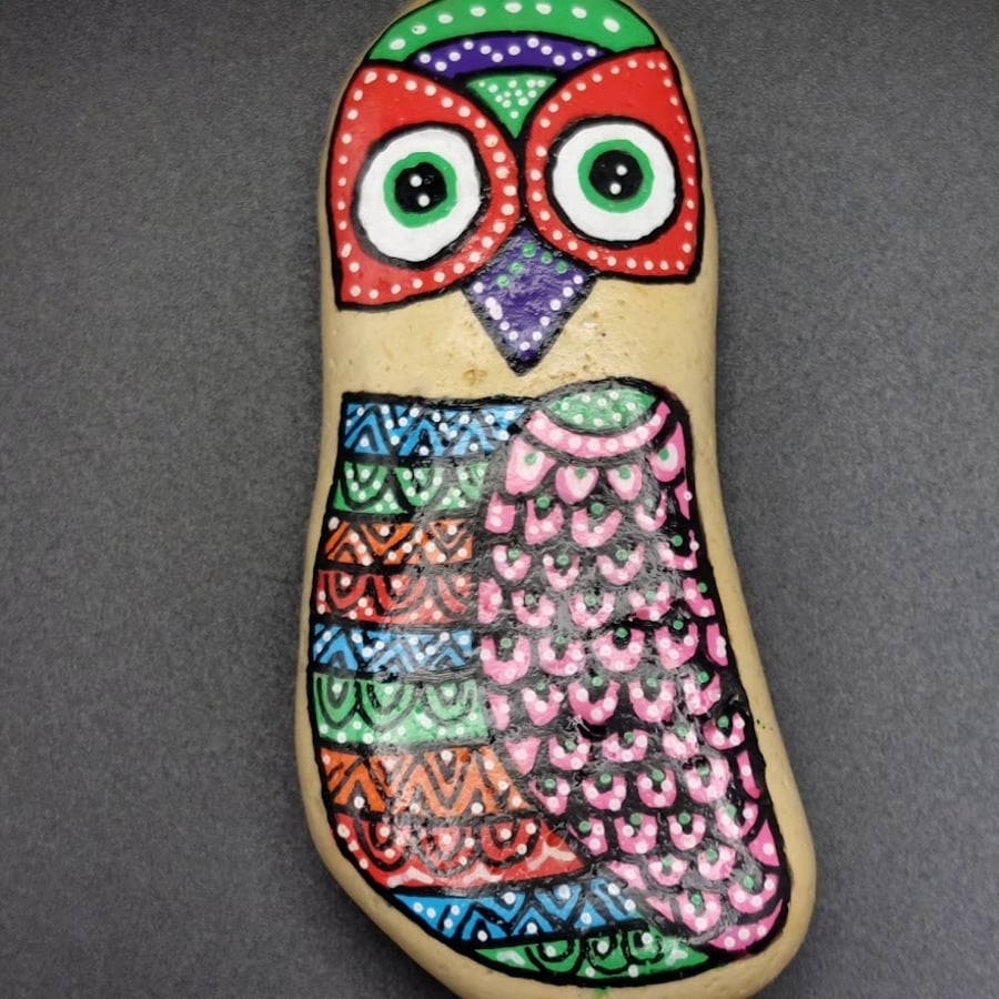Colourful Owl Painted Pebble