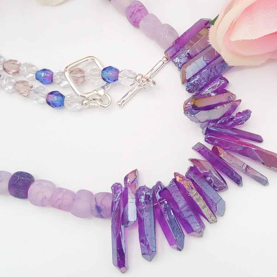 Necklace with Purple Shards Lilac Cracked Agate Cube and Purple & Clear Crystals