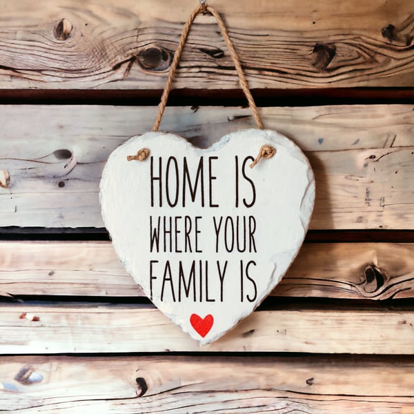 Decoupaged Hanging Slate Heart Family Home Decoration