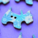 Wooden Scottie Dog Buttons Blue & Cream Flowers 6pk 28x20mm Scotty (DG22)