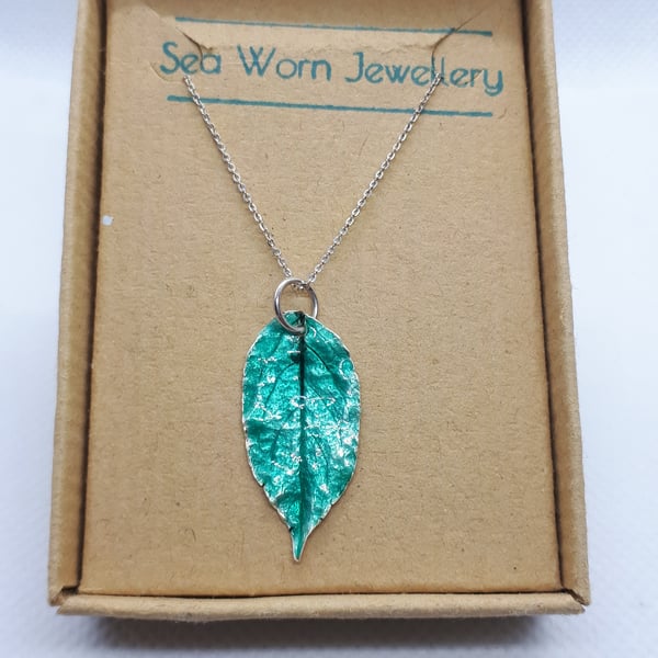 Fine silver & 2 colour enamel leaf necklace