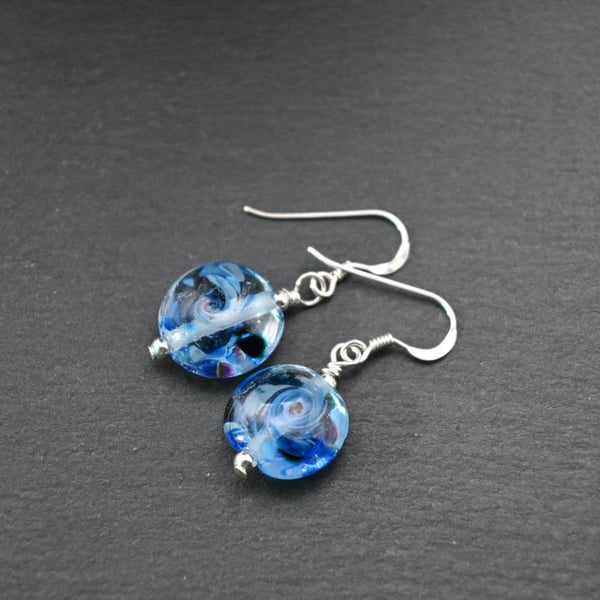 blue frit lampwork glass earrings
