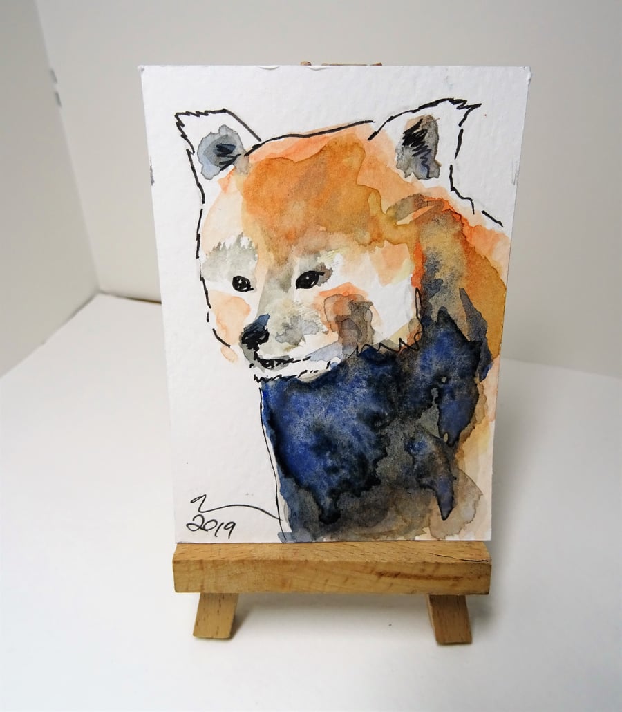 ACEO Animal Art Red Panda Look Original Watercolour and Ink Painting OOAK 