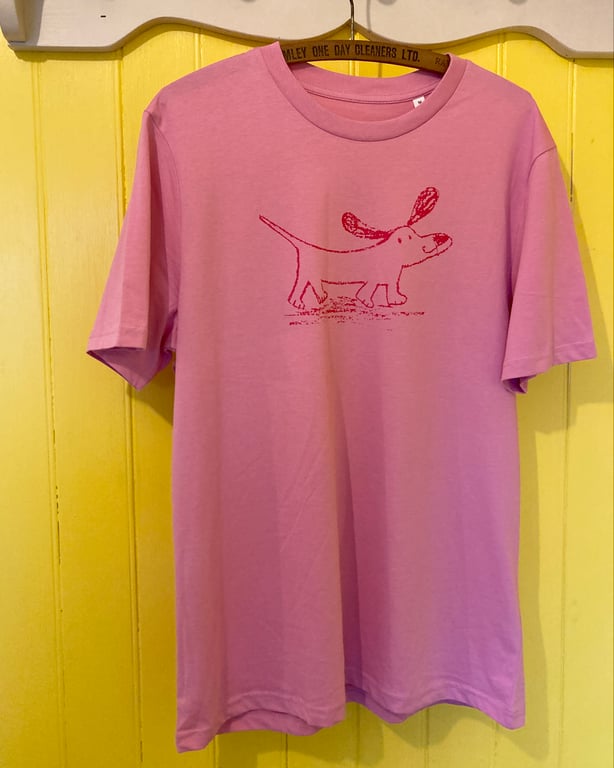 Happy Sausage Dog hand printed organic cotton t-shirt by Jo Brown 