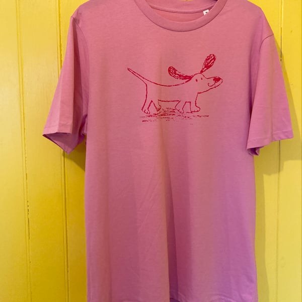 Happy Sausage Dog hand printed organic cotton t-shirt by Jo Brown 