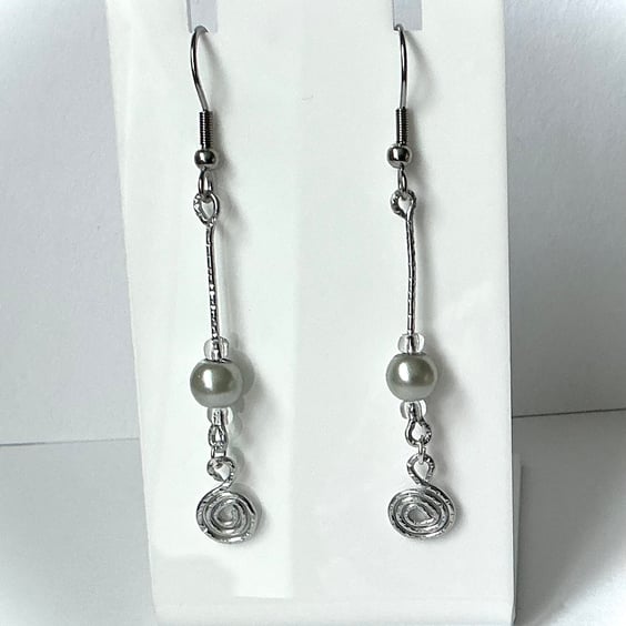 Silver Spiral and Bead Earrings