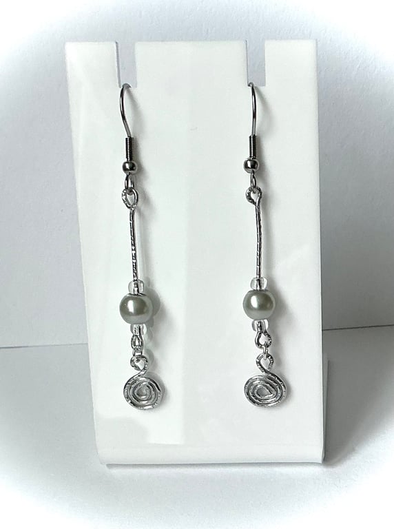 Silver Spiral and Bead Earrings