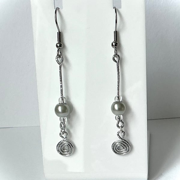 Silver Spiral and Bead Earrings