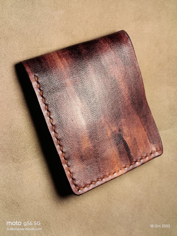 Handmade Bifold leather wallet, hand dye pattern outside, blue tan inside