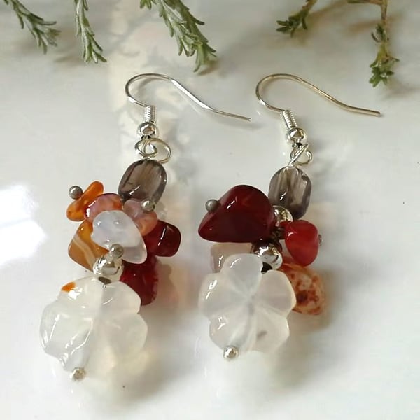 Designer Cluster Canelian & Smokey Quartz Flower Earrings Silver Plated