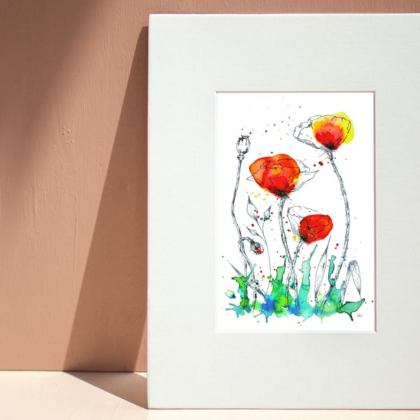 Red Poppy Field watercolour print featuring abstract meadow flowers