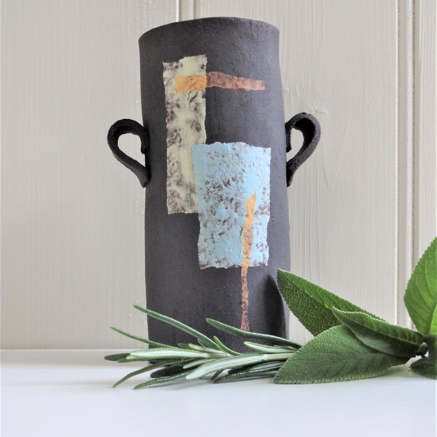 Little vase perfect for posy, single flower, herbs. Black ceramic, abstract art 