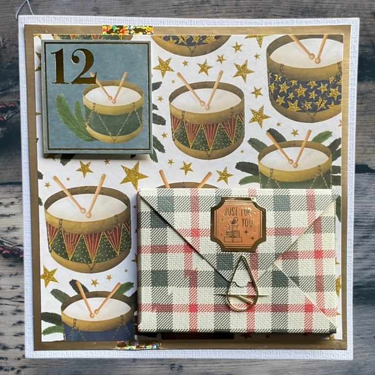 Twelve Drummers Drumming Christmas card with envelope for a gift card or money. 
