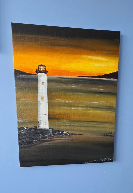 Lighthouse at Sunset, original on canvas. 