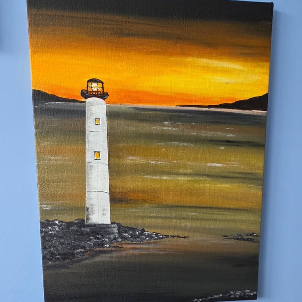 Lighthouse at Sunset, original on canvas. 