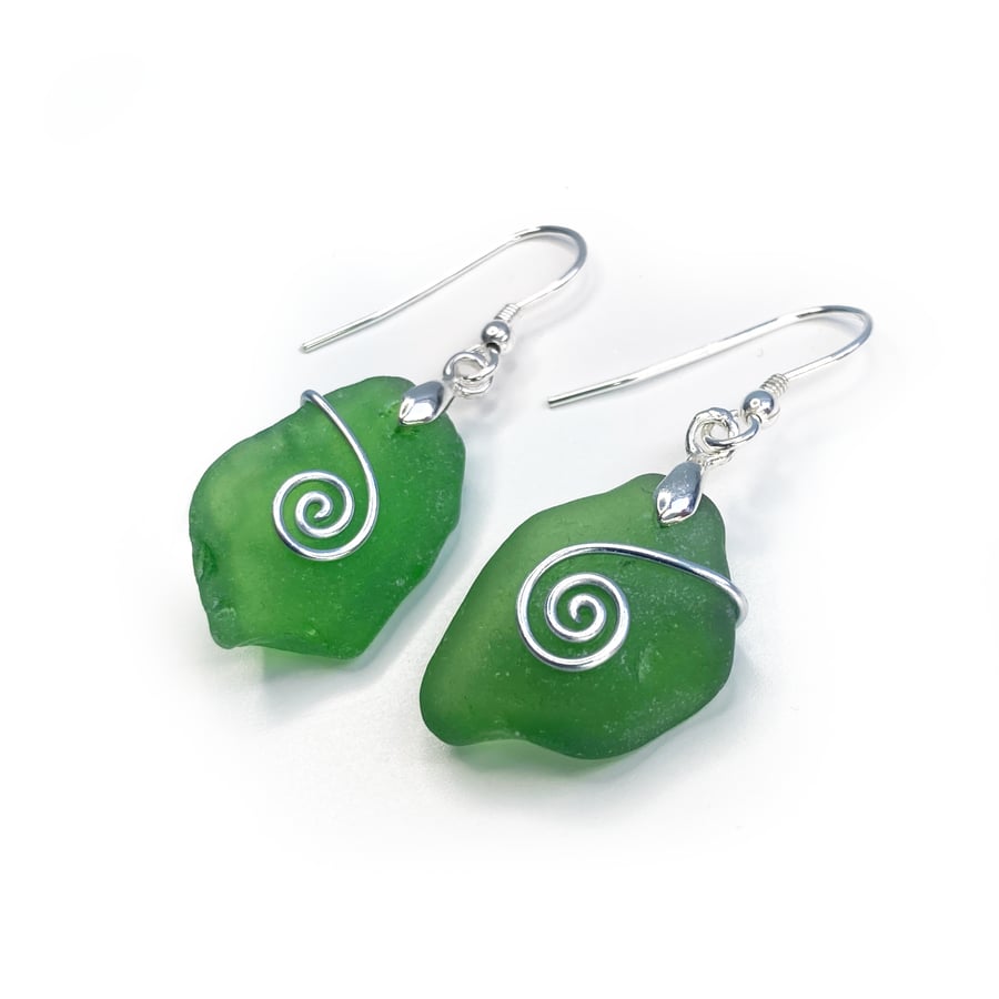 Sea Glass Earrings - Dark Green - Handmade Scottish Silver Wire Celtic Jewellery
