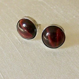 Sterling Silver Stud Earrings with Red Tiger's Eye  Gemstones 