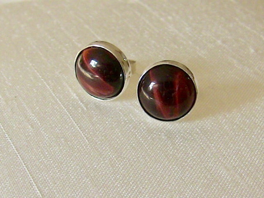 Sterling Silver Stud Earrings with Red Tiger's Eye  Gemstones 