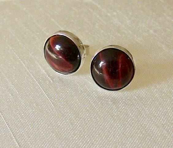 Sterling Silver Stud Earrings with Red Tiger's Eye  Gemstones 