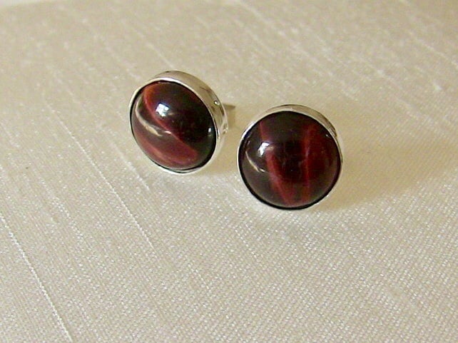 Sterling Silver Stud Earrings with Red Tiger's Eye  Gemstones 