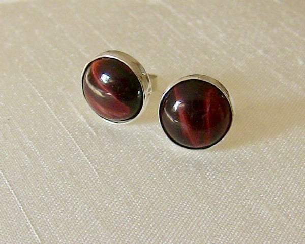 Sterling Silver Stud Earrings with Red Tiger's Eye  Gemstones 
