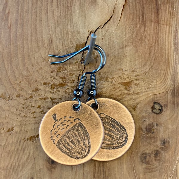 Acorn - Handmade Etched Copper Earrings SMALL