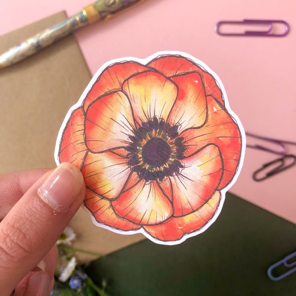 Coral Anemone Floral, Botanical Sticker Summer Flowers Hand Made Watercolour Rec