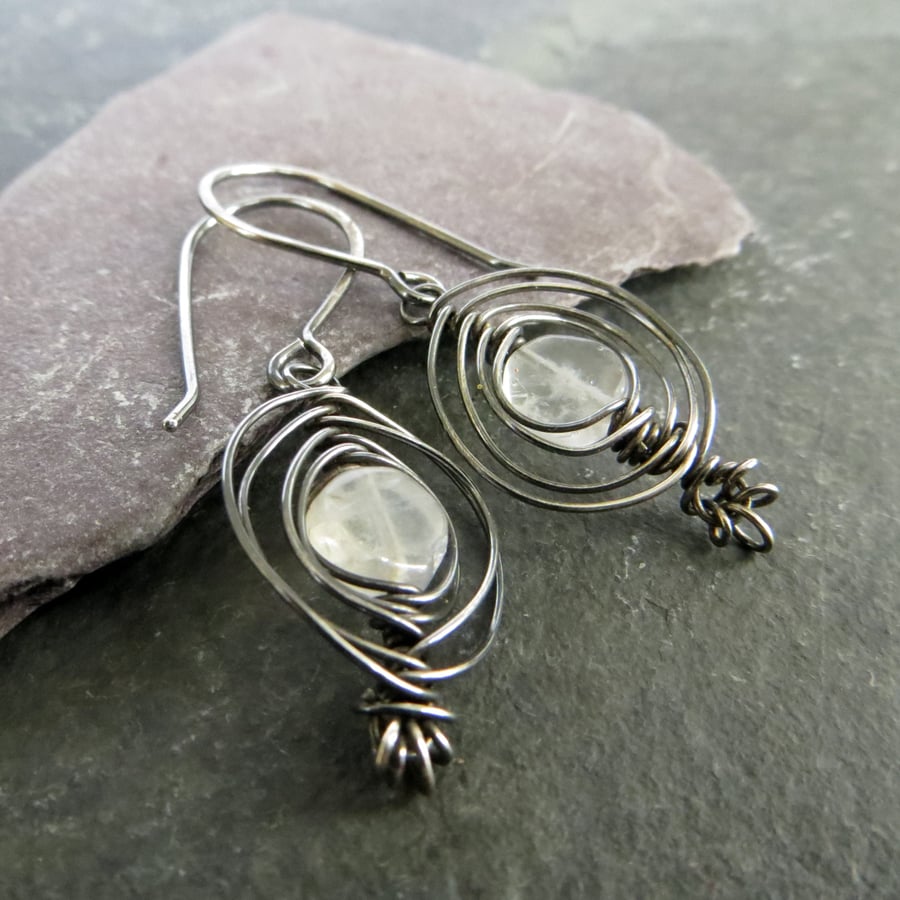 Moonstone earrings, Oxidised silver with natural stones