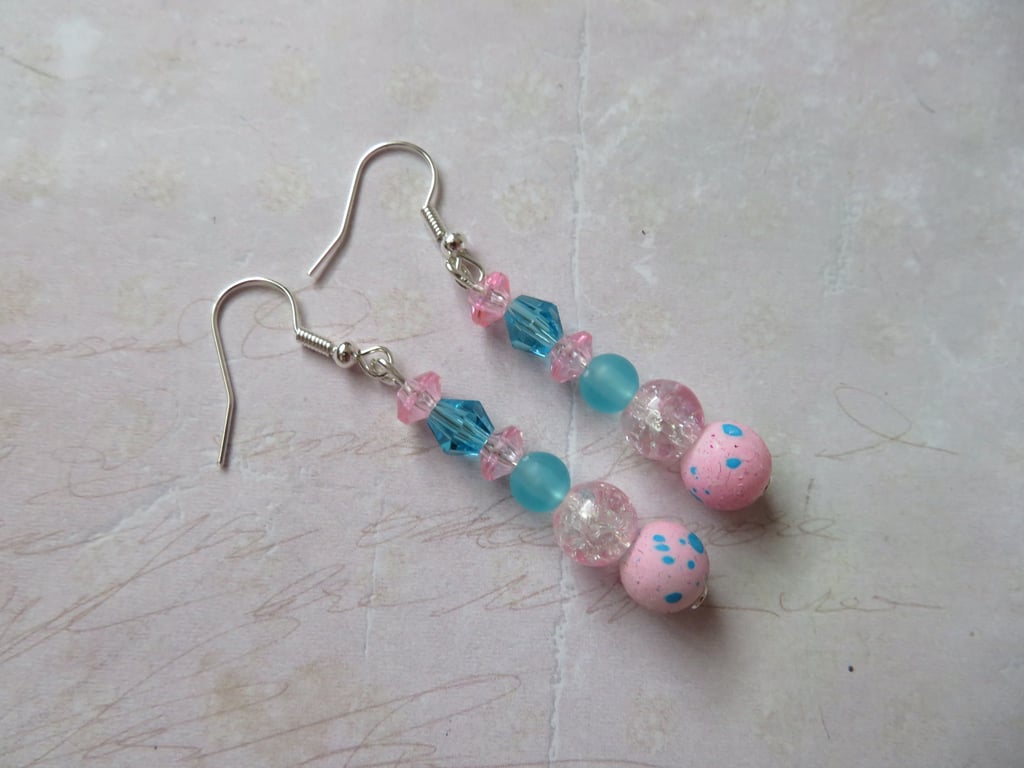 Pale Pink & Turquoise Blue Crystal Small Drop Dangle Earrings